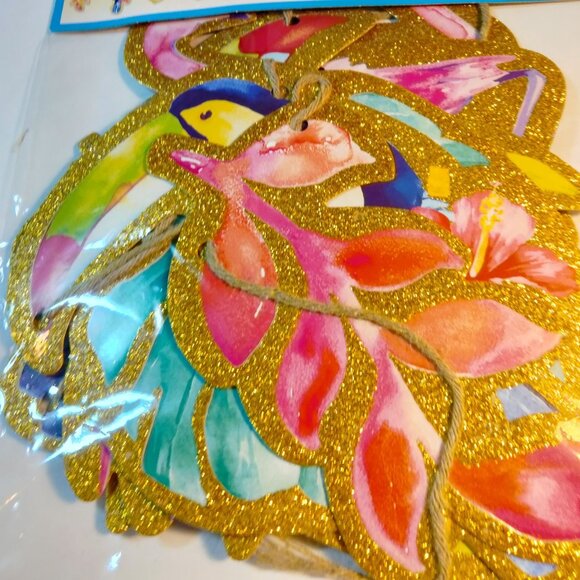 Tropical Flamingo Toucan Banner 7 Ft Glitter Gold Pink Blue - Picture 3 of 7